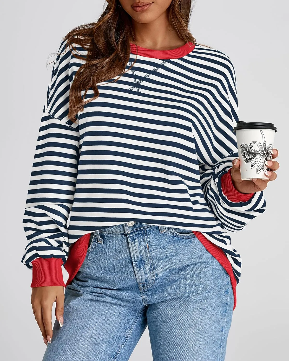 BTFBM Womens Striped Pullover Tops Spring Fall Clothes 2025 Long Sleeve Shirts Trendy Crew Neck Loose Y2K Sweatshirts