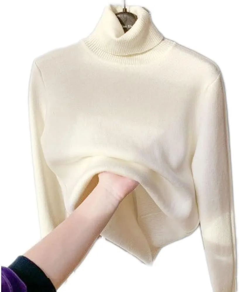 CaperuGreod Winter Fleece Thick Knitted Bottoming Shirt for Women, Casual Thick Turtleneck High Neck Sweater