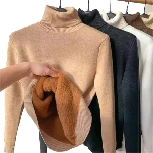 CaperuGreod Winter Fleece Thick Knitted Bottoming Shirt for Women, Casual Thick Turtleneck High Neck Sweater