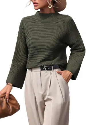 chouyatou Womens Fall Mock Neck Pullover Sweater Elegant Ribbed Knit Dressy Casual Sweater Top