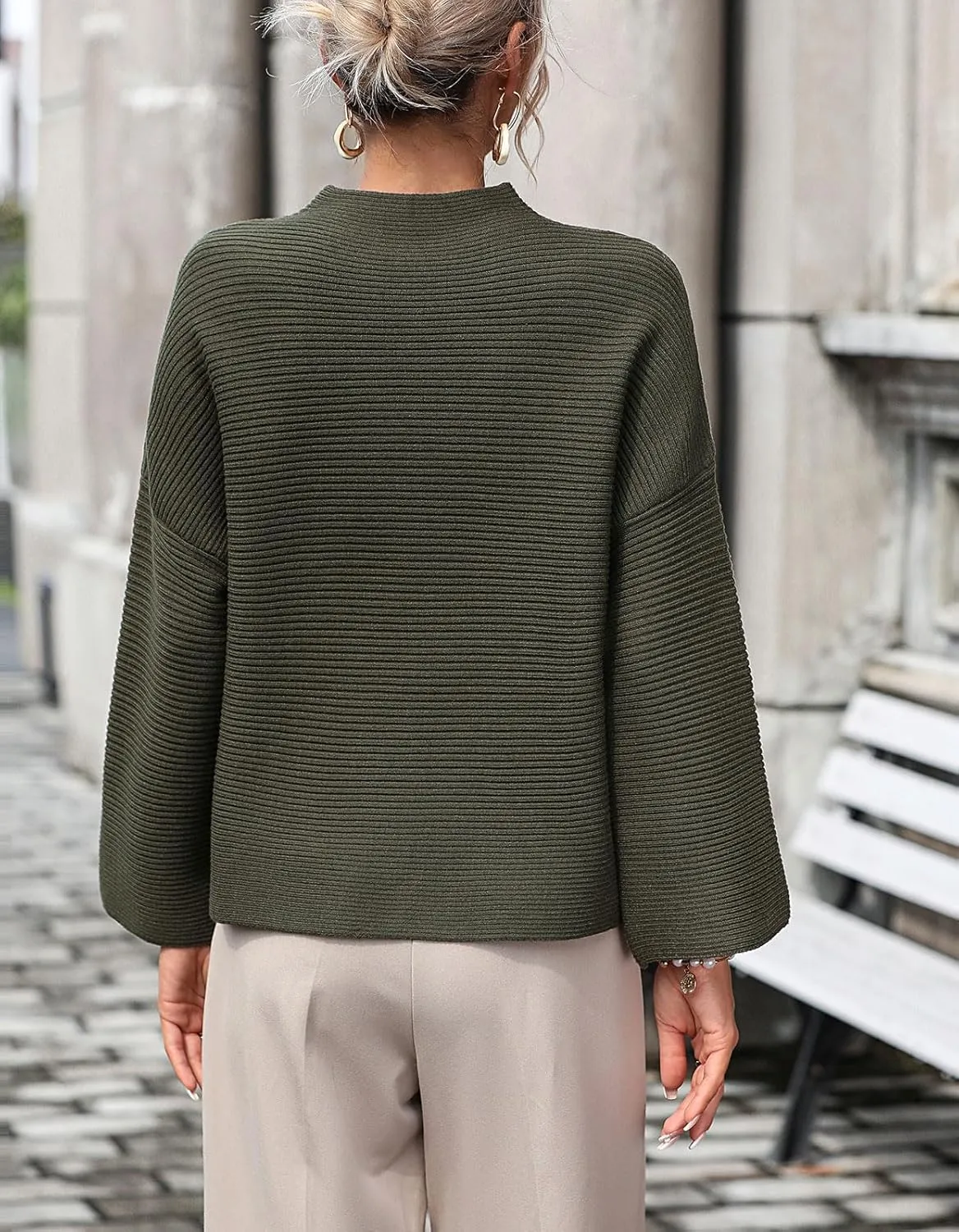 chouyatou Womens Fall Mock Neck Pullover Sweater Elegant Ribbed Knit Dressy Casual Sweater Top