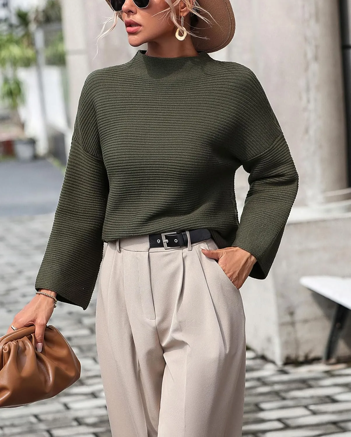 chouyatou Womens Fall Mock Neck Pullover Sweater Elegant Ribbed Knit Dressy Casual Sweater Top