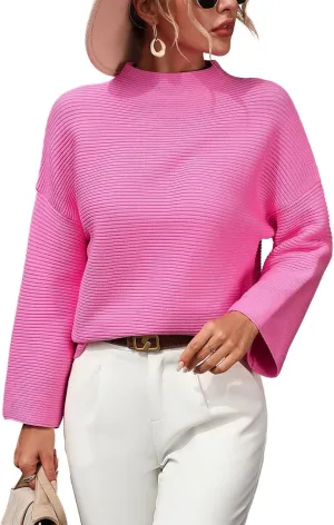 chouyatou Womens Fall Mock Neck Pullover Sweater Elegant Ribbed Knit Dressy Casual Sweater Top