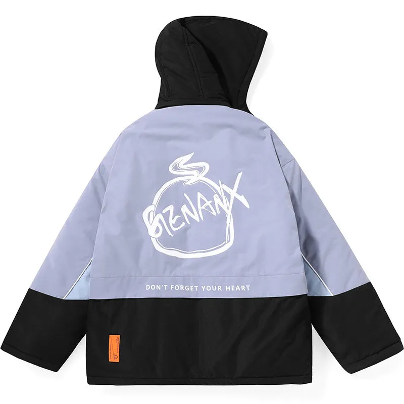 Color Block Single-Breasted Washed Cotton Padded Coat