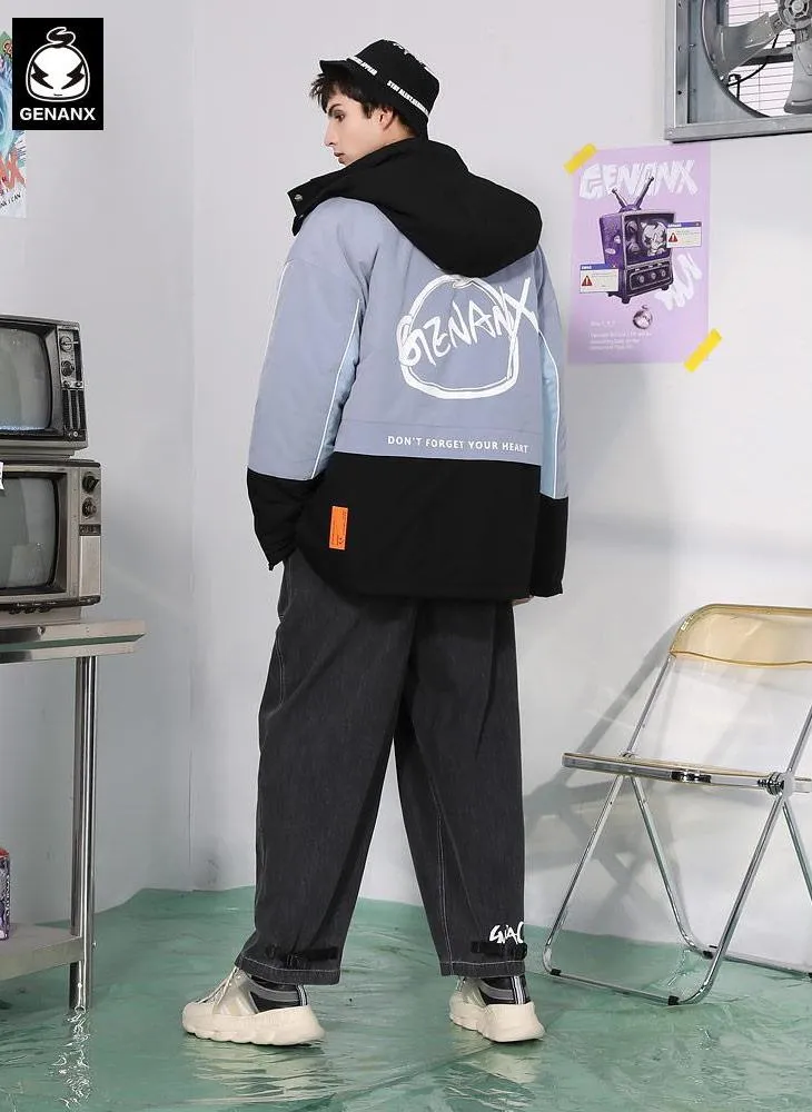 Color Block Single-Breasted Washed Cotton Padded Coat