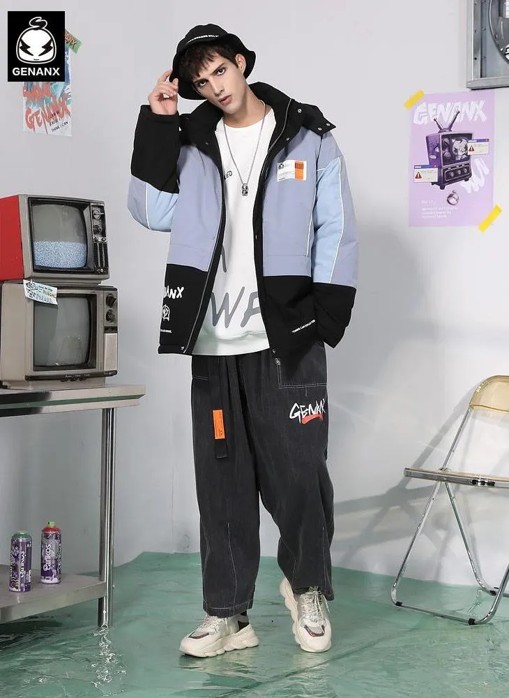 Color Block Single-Breasted Washed Cotton Padded Coat