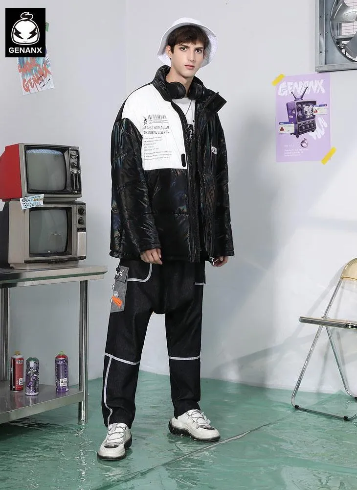 Contrast Color Print Stand Collar Front Zipper Padded Coat