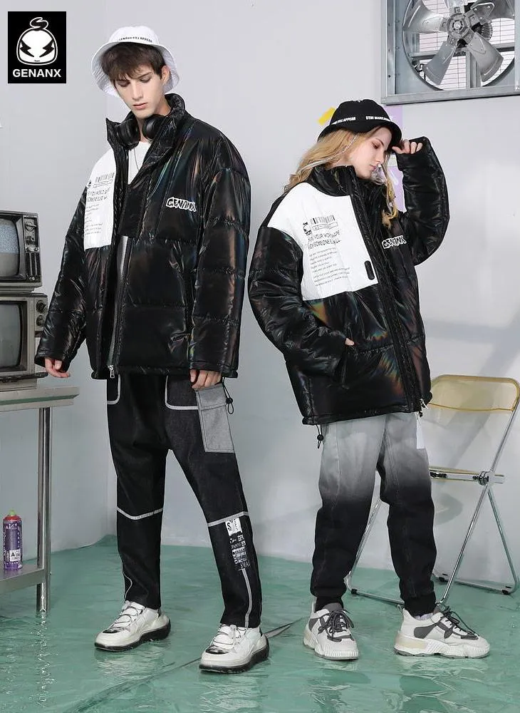 Contrast Color Print Stand Collar Front Zipper Padded Coat