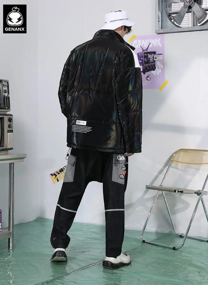 Contrast Color Print Stand Collar Front Zipper Padded Coat