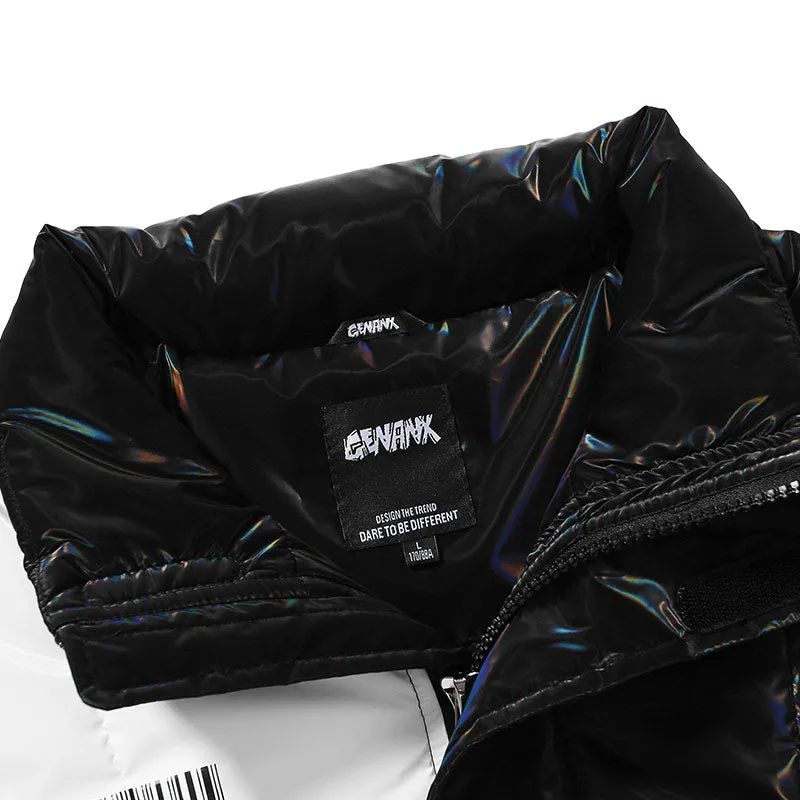 Contrast Color Print Stand Collar Front Zipper Padded Coat