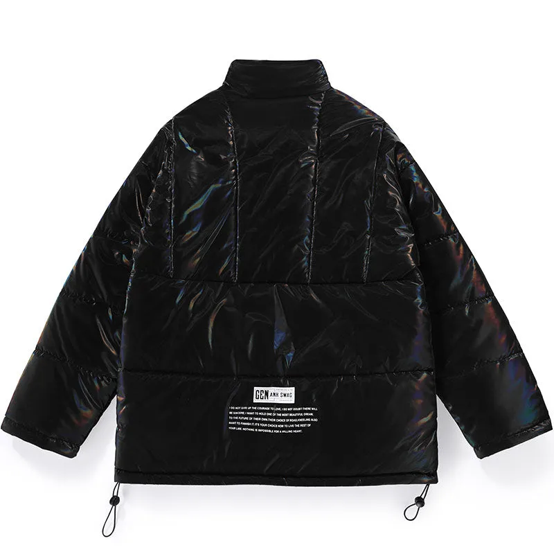 Contrast Color Print Stand Collar Front Zipper Padded Coat