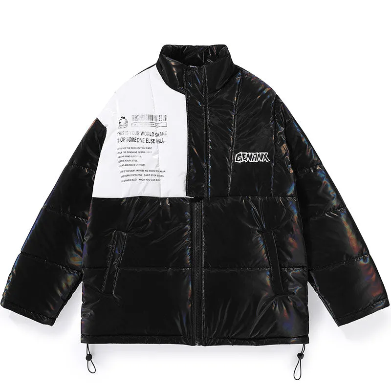 Contrast Color Print Stand Collar Front Zipper Padded Coat