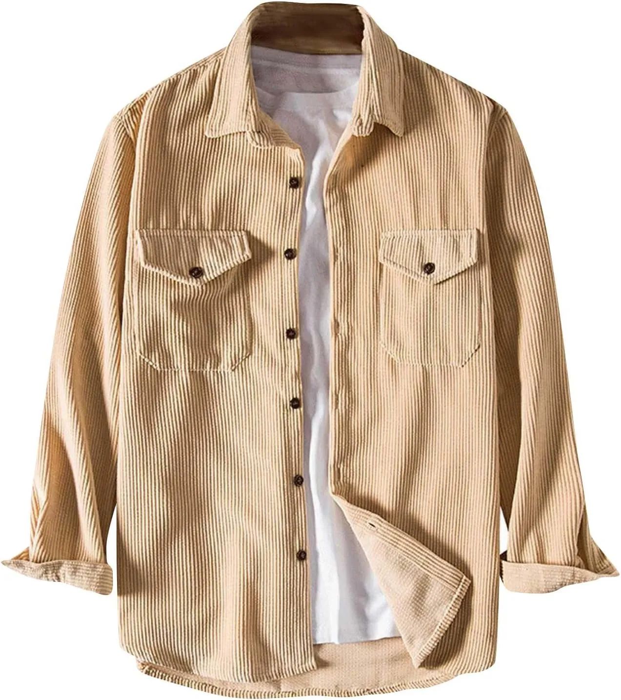 Corduroy Shirt Men Button Down Long Sleeve Casual Shacket Jacket Fashion Spring Slim Fit Tops Blouses with Flap Pockets