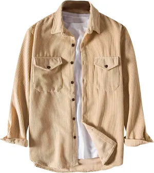 Corduroy Shirt Men Button Down Long Sleeve Casual Shacket Jacket Fashion Spring Slim Fit Tops Blouses with Flap Pockets