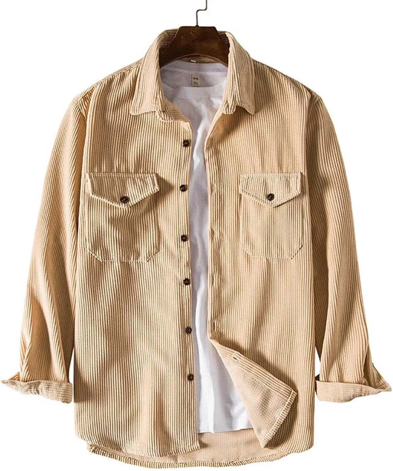 Corduroy Shirt Men Button Down Long Sleeve Casual Shacket Jacket Fashion Spring Slim Fit Tops Blouses with Flap Pockets