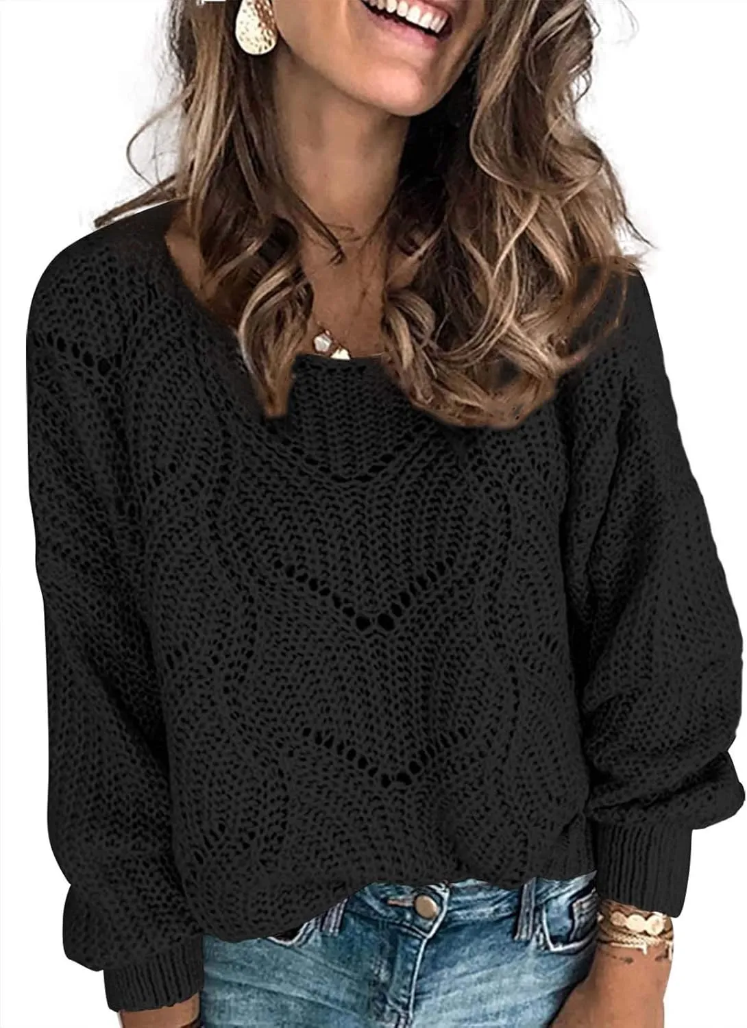 Dokotoo Womens Sweaters 2024 Crewneck Cute Elegant Soft Long Sleeve Hollow Cable Knit Pullover Tops