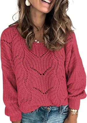 Dokotoo Womens Sweaters 2024 Crewneck Cute Elegant Soft Long Sleeve Hollow Cable Knit Pullover Tops