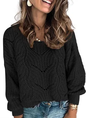 Dokotoo Womens Sweaters 2024 Crewneck Cute Elegant Soft Long Sleeve Hollow Cable Knit Pullover Tops