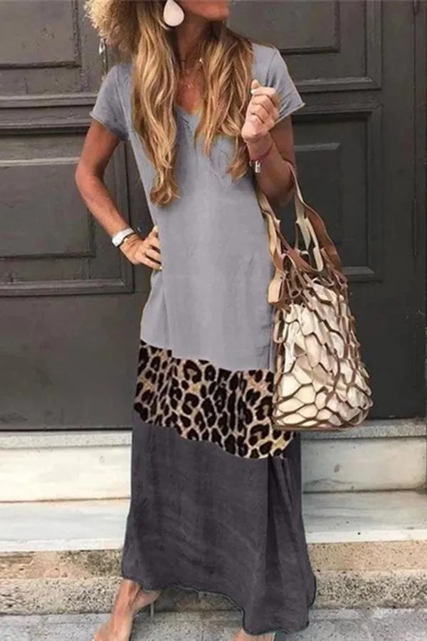 Dunnmall Casual Color Block Leopard Maxi Dress