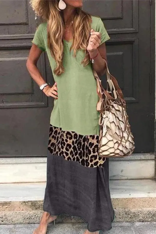 Dunnmall Casual Color Block Leopard Maxi Dress