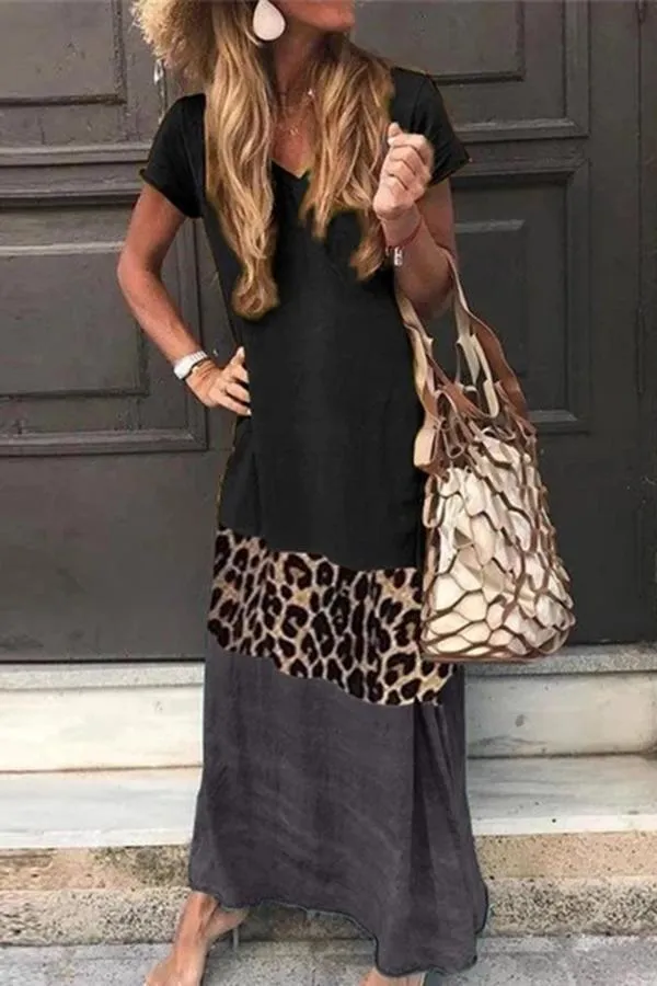 Dunnmall Casual Color Block Leopard Maxi Dress