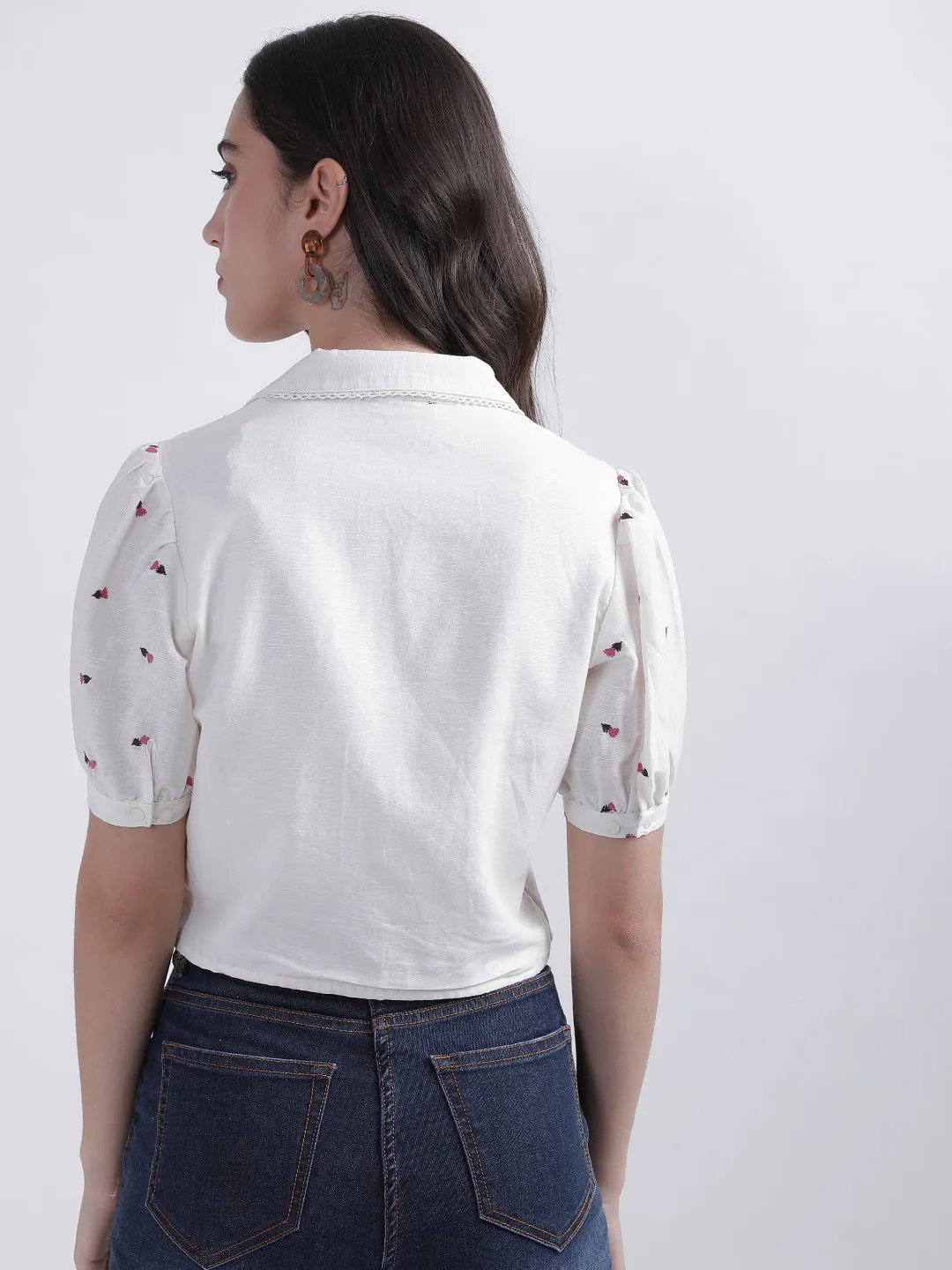 Elle Women Printed Spread Collar Half Sleeves Top