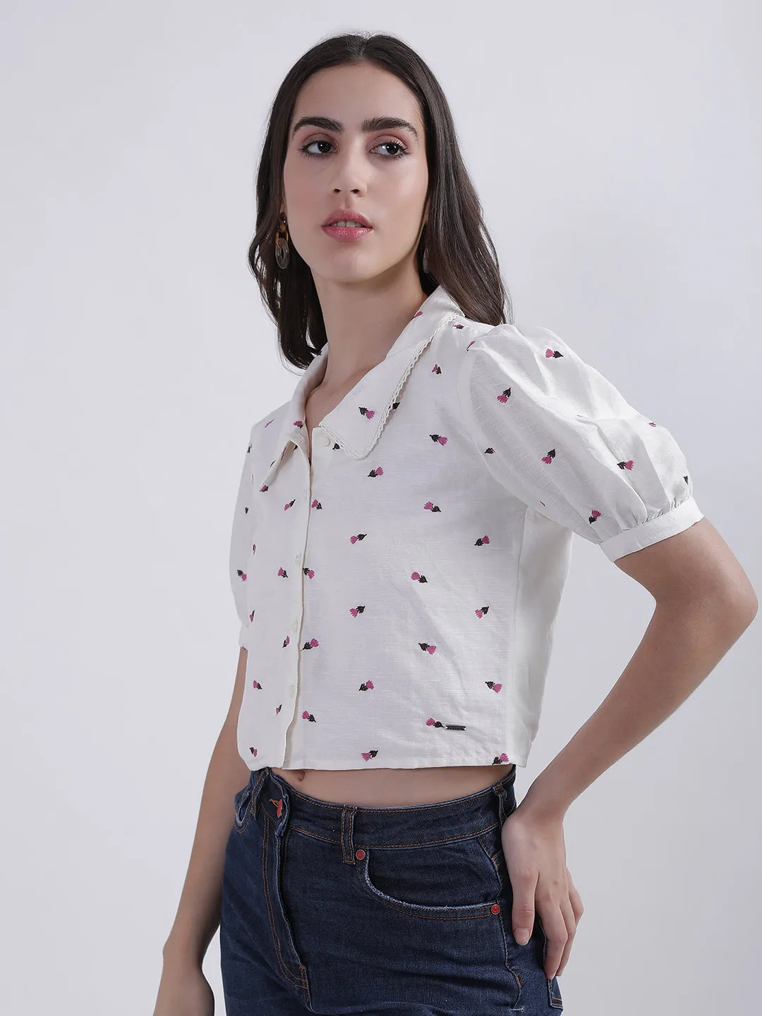 Elle Women Printed Spread Collar Half Sleeves Top