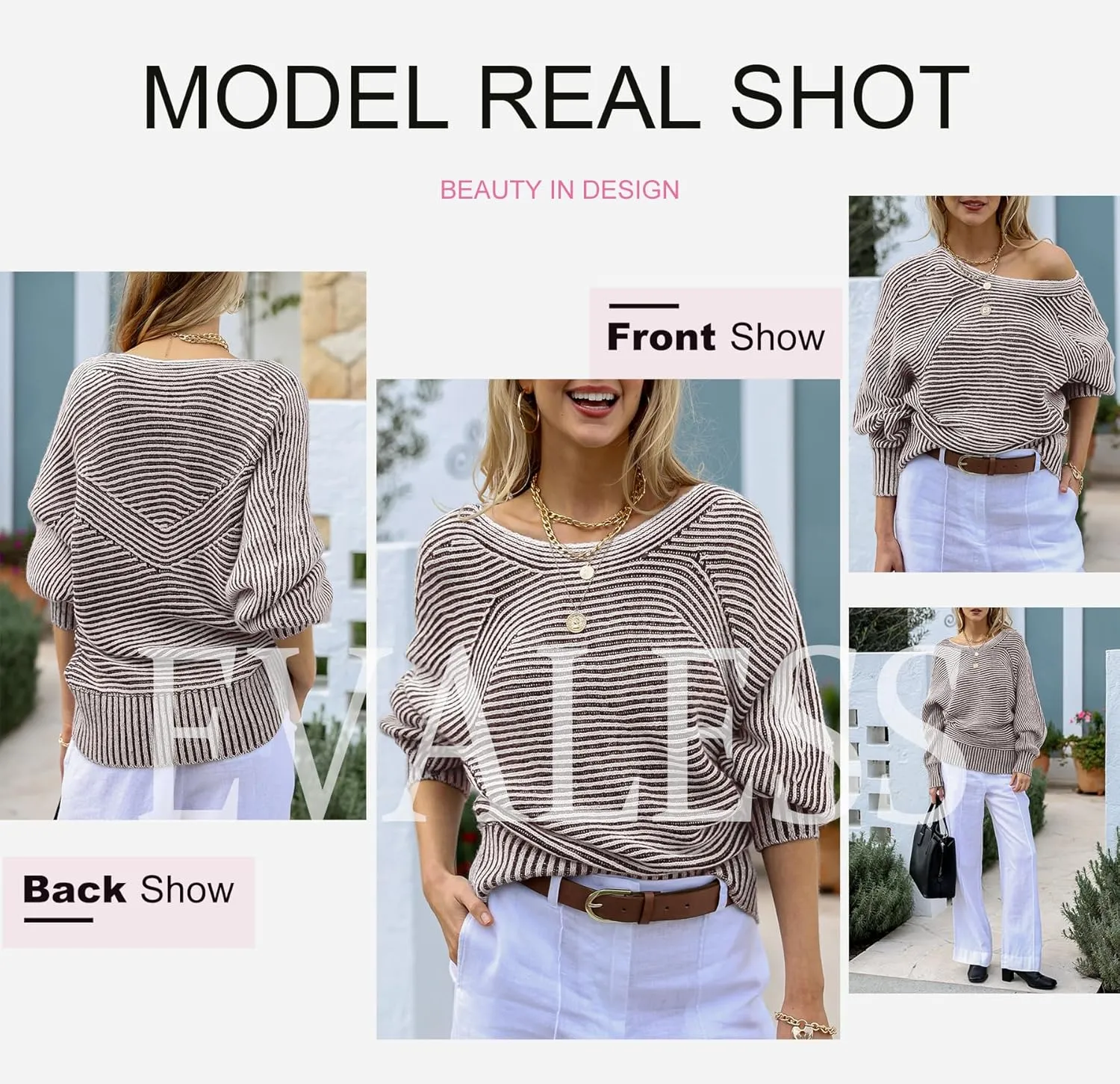 EVALESS Striped Sweaters for Women Boat Neck Batwing Sleeve Oversized Pullover Sweater Tops Womens Fall Clothes Outfits
