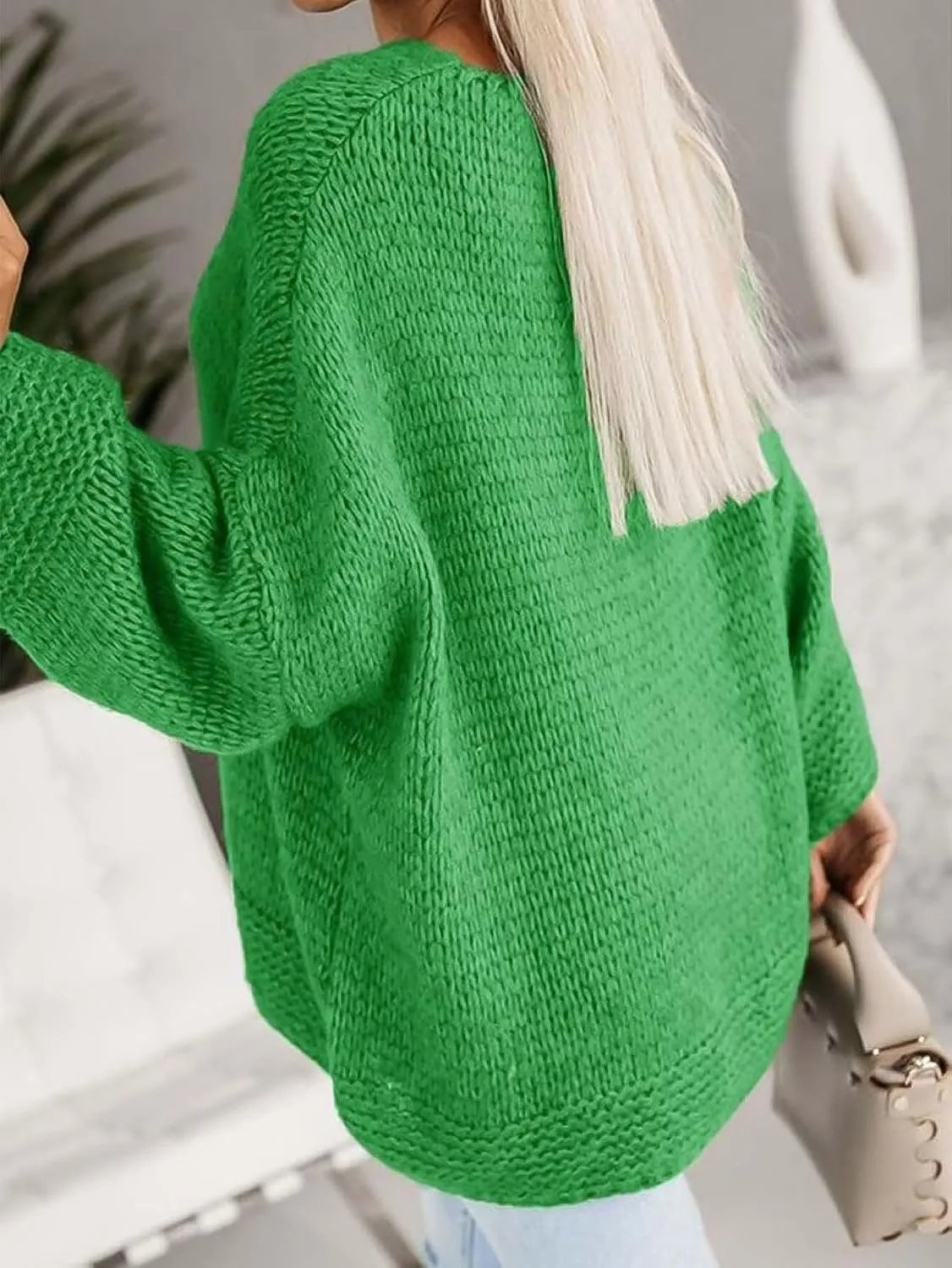 Flamingals Elegant Long Dolman Sleeve V-Neck Solid Chunky Knit Drop Shoulder Sweater