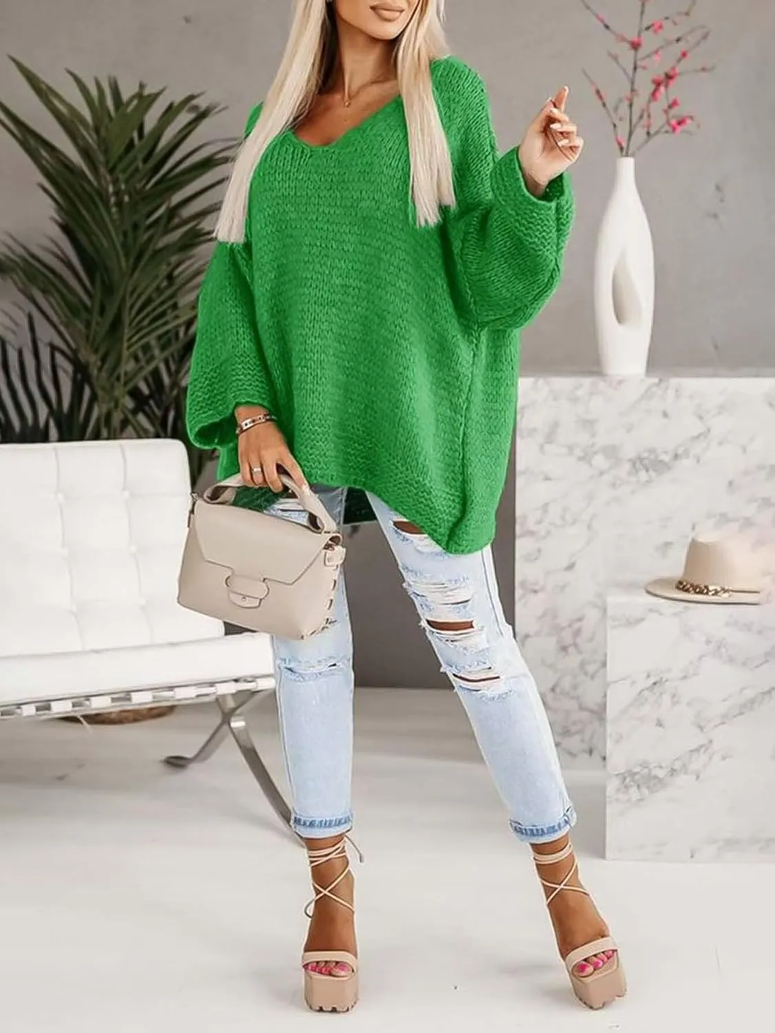 Flamingals Elegant Long Dolman Sleeve V-Neck Solid Chunky Knit Drop Shoulder Sweater