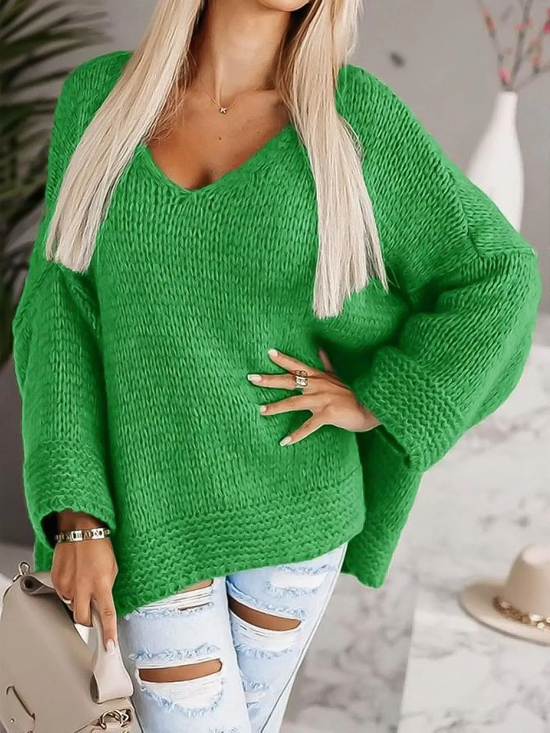 Flamingals Elegant Long Dolman Sleeve V-Neck Solid Chunky Knit Drop Shoulder Sweater