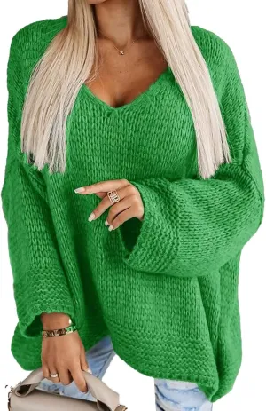 Flamingals Elegant Long Dolman Sleeve V-Neck Solid Chunky Knit Drop Shoulder Sweater