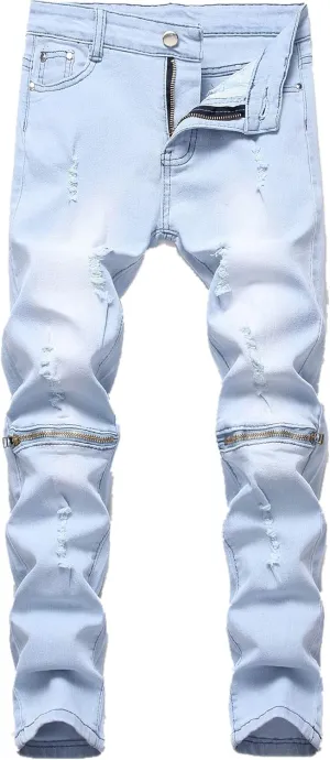 FREDD MARSHALL Boy's Slim Fit Skinny Ripped Distressed Zipper Jeans Pants with Holes