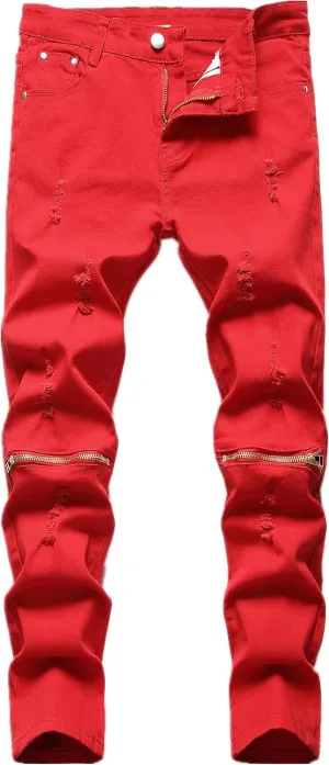 FREDD MARSHALL Boy's Slim Fit Skinny Ripped Distressed Zipper Jeans Pants with Holes
