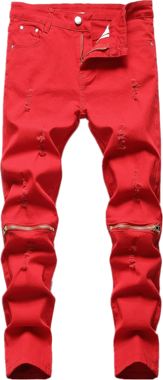 FREDD MARSHALL Boy's Slim Fit Skinny Ripped Distressed Zipper Jeans Pants with Holes