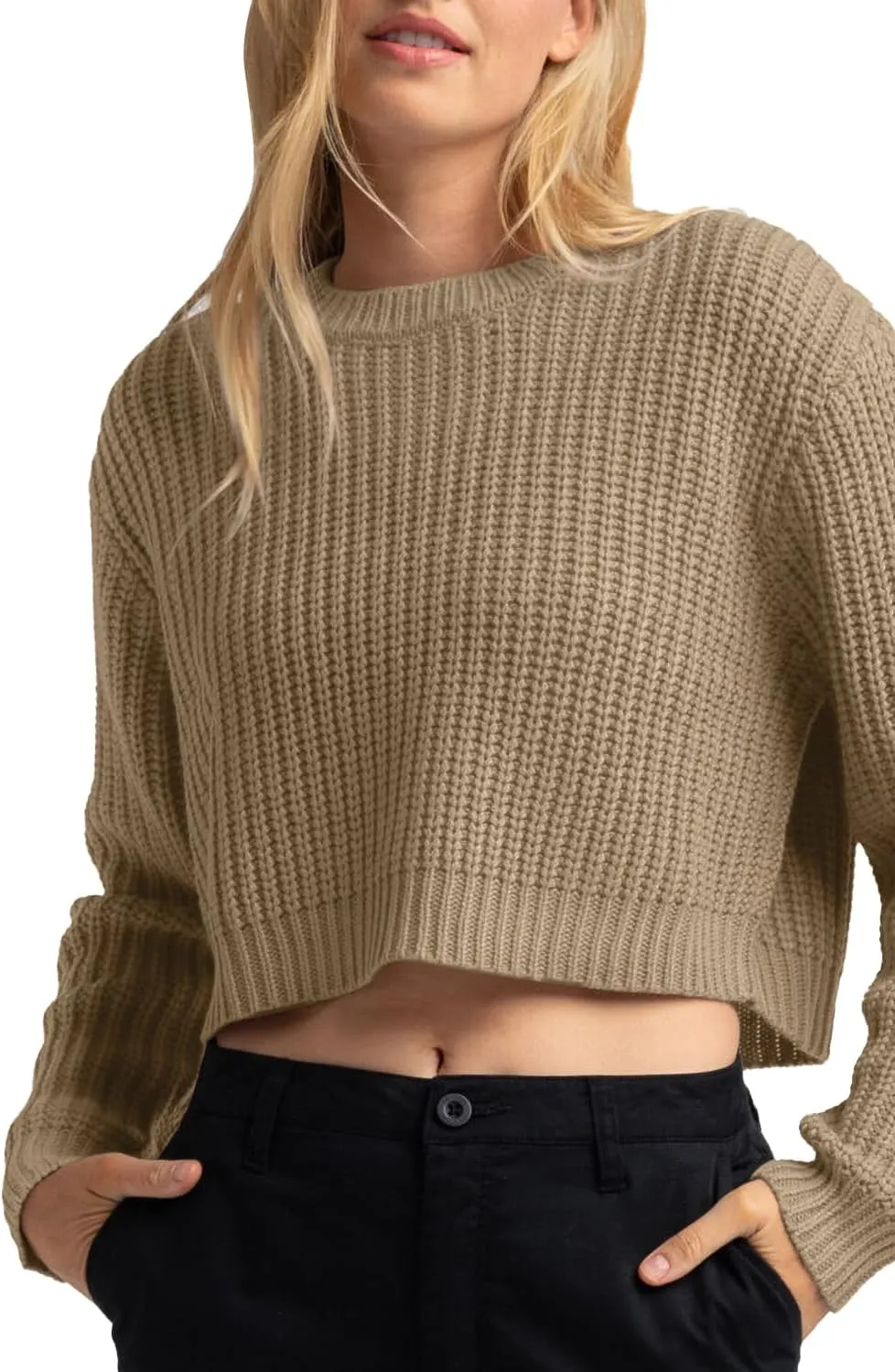 Jumppmile Women's Cropped Sweater Knit Long Sleeve Crewneck Soft Pullover Sweater Top