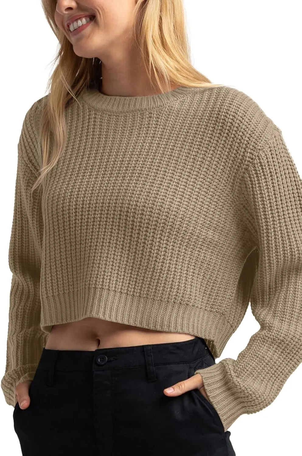 Jumppmile Women's Cropped Sweater Knit Long Sleeve Crewneck Soft Pullover Sweater Top