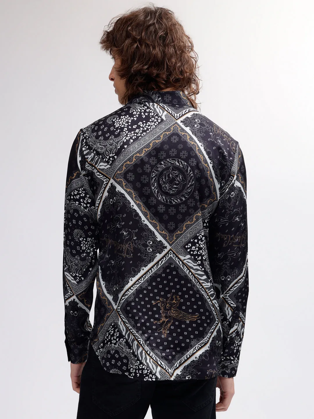 Just Cavalli Men Navy Blue Printed Spread Collar Regular Fit Full Sleeves Shirt
