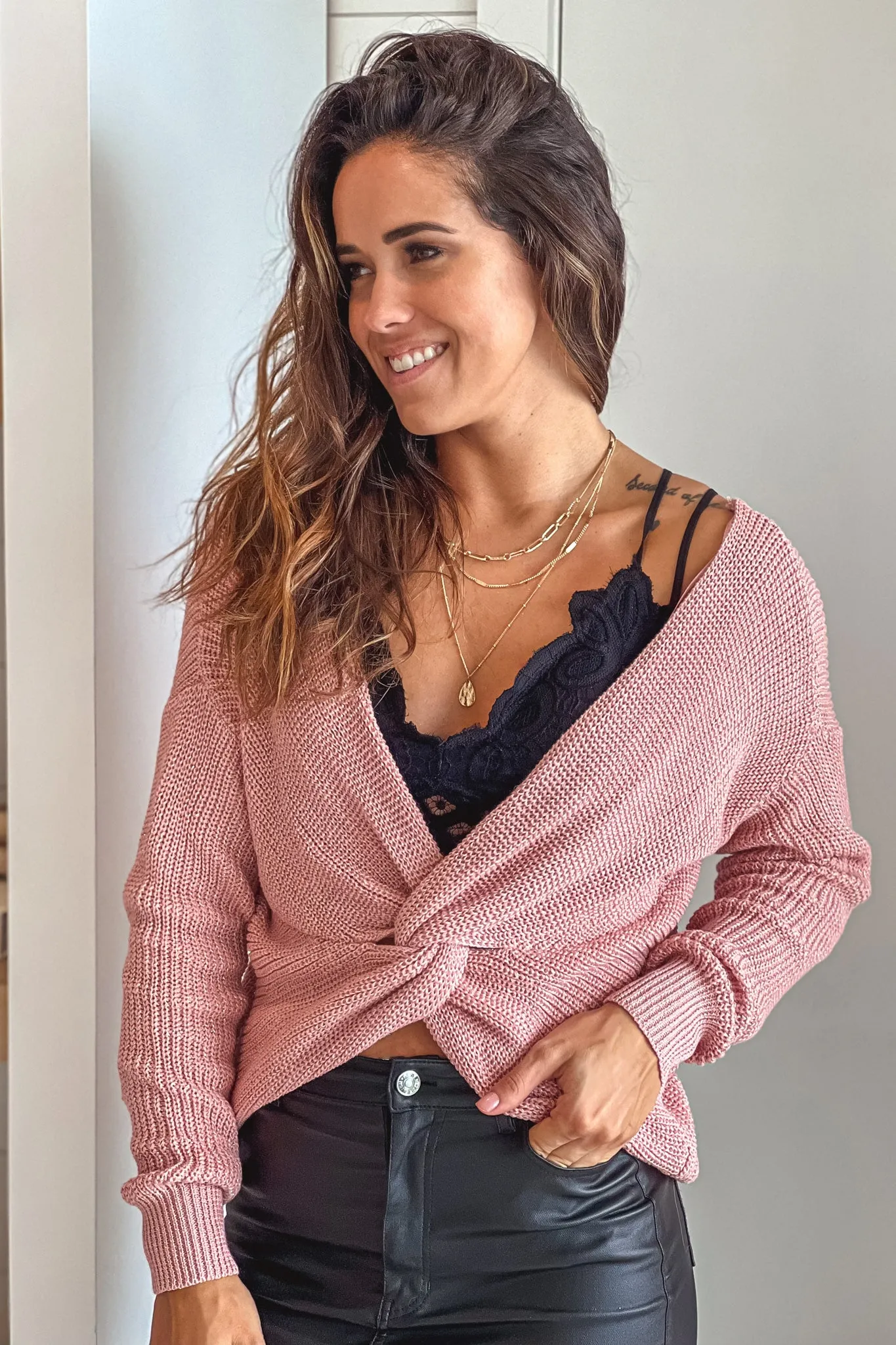 Mauve Knot Sweater With Metallic Details