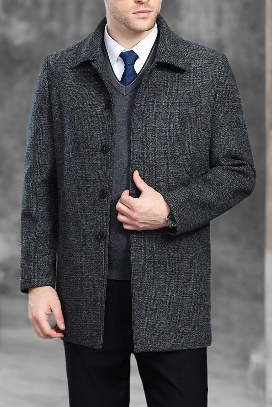Men's Classical Bussiness Style Single Breasted Plaid Wool Coat #00220237