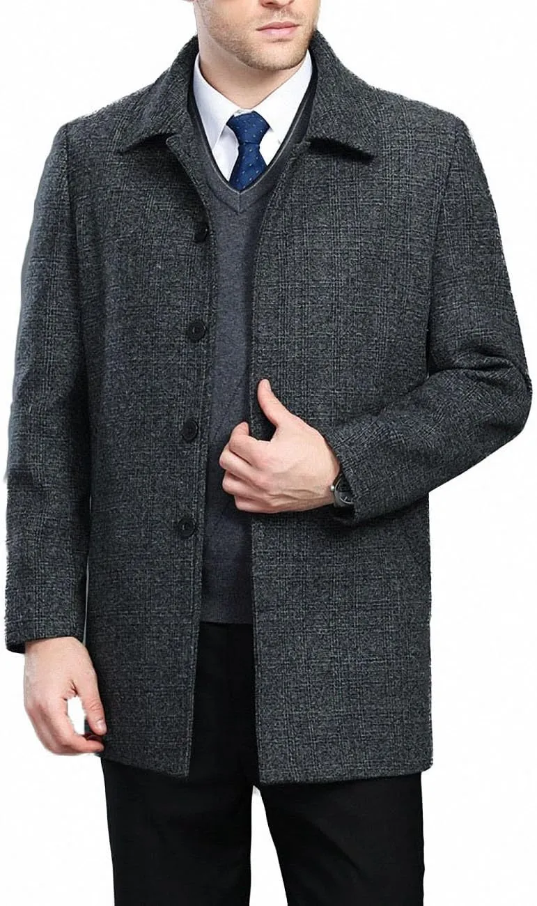 Men's Classical Bussiness Style Single Breasted Plaid Wool Coat #00220237