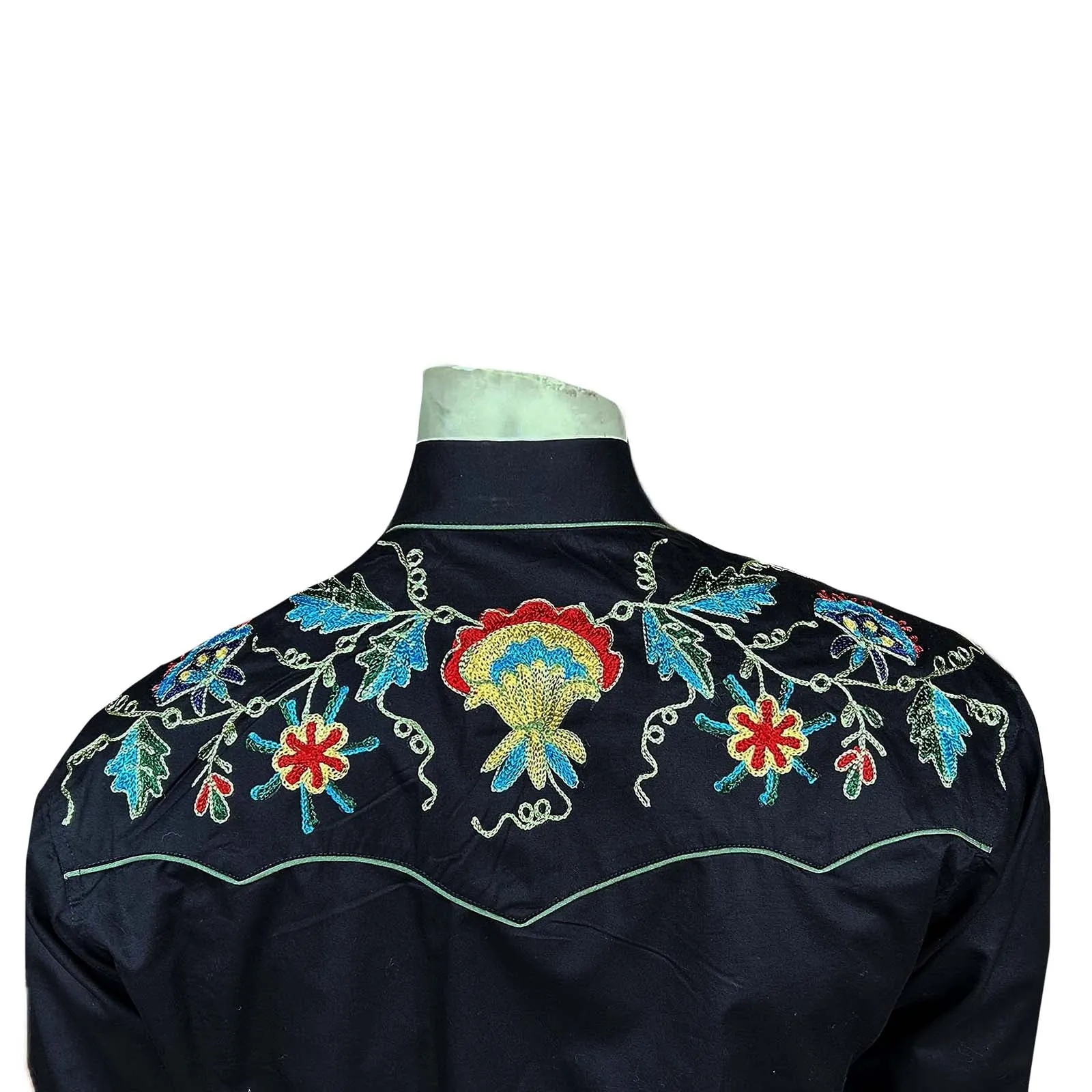 Men's Floral Embroidered Cotton Gabardine Black Western Shirt