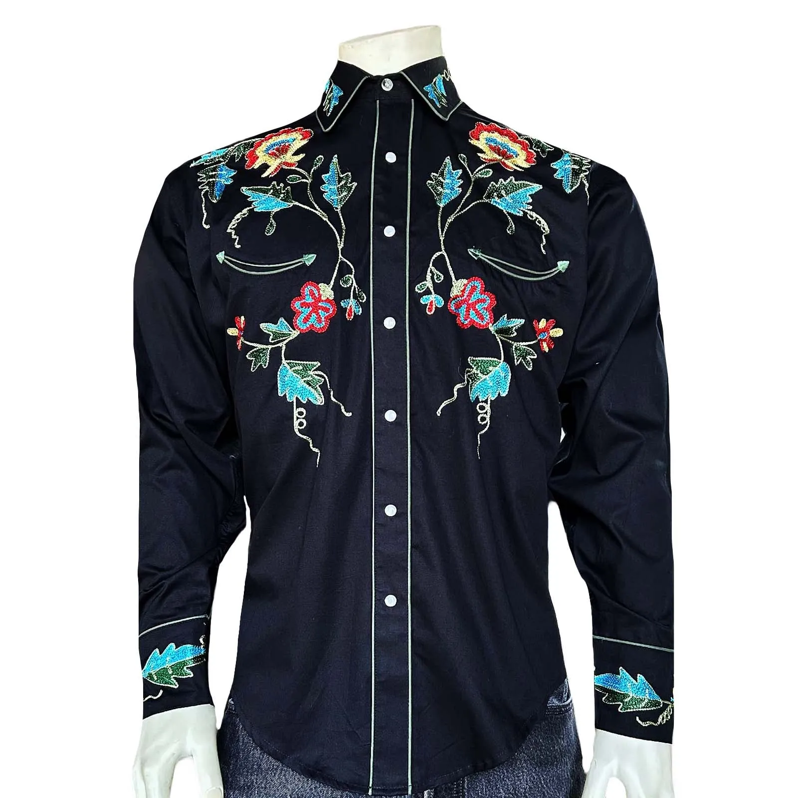 Men's Floral Embroidered Cotton Gabardine Black Western Shirt