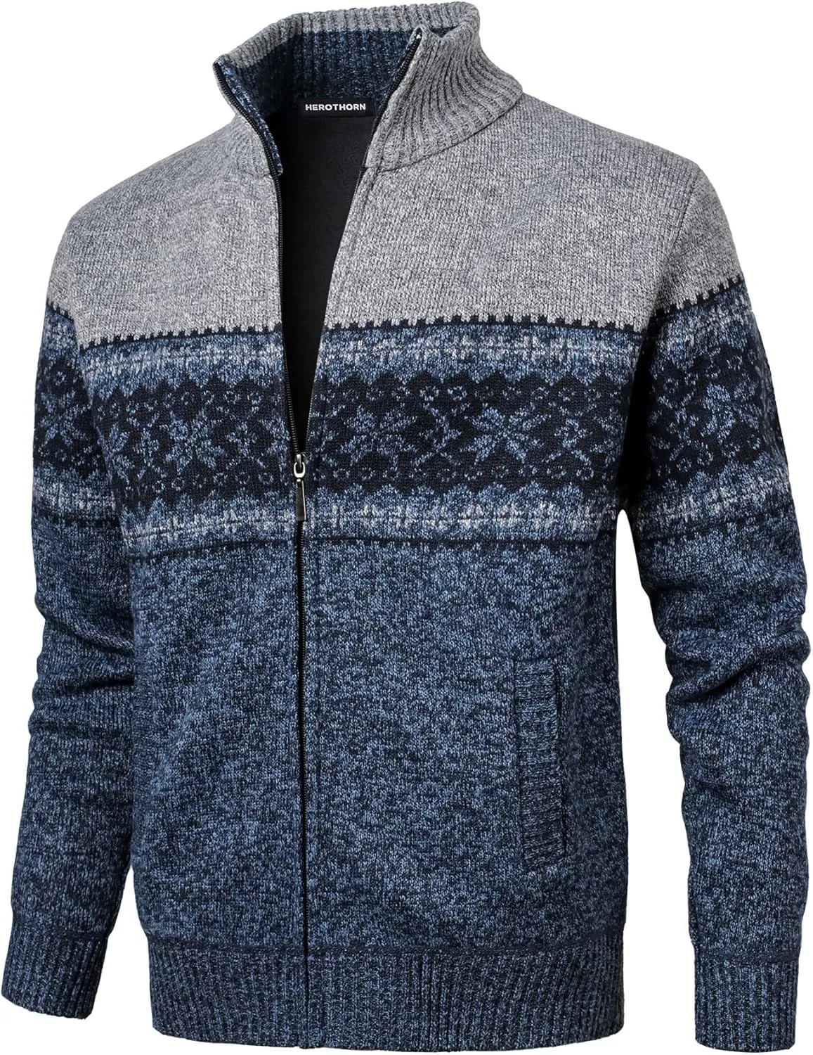 Men's Full Zip Cardigan Snowflakes Pattern Sweater Knitted Cardigan with Pockets for Casual Christmas