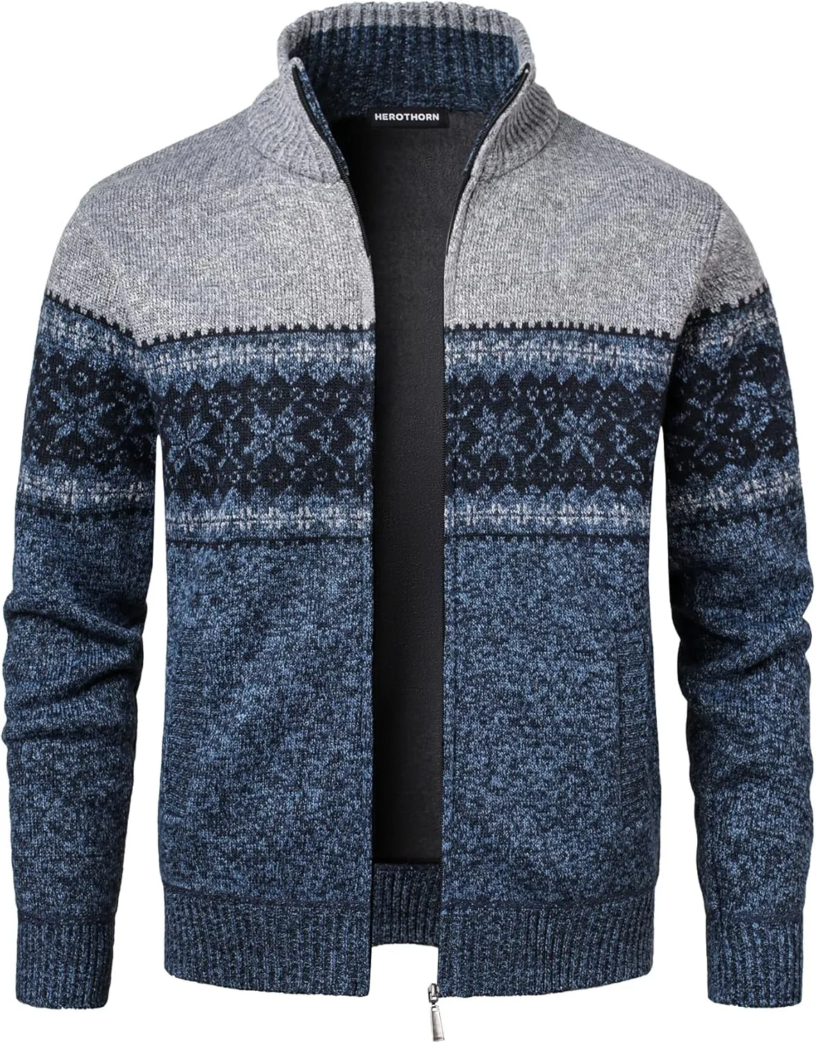 Men's Full Zip Cardigan Snowflakes Pattern Sweater Knitted Cardigan with Pockets for Casual Christmas