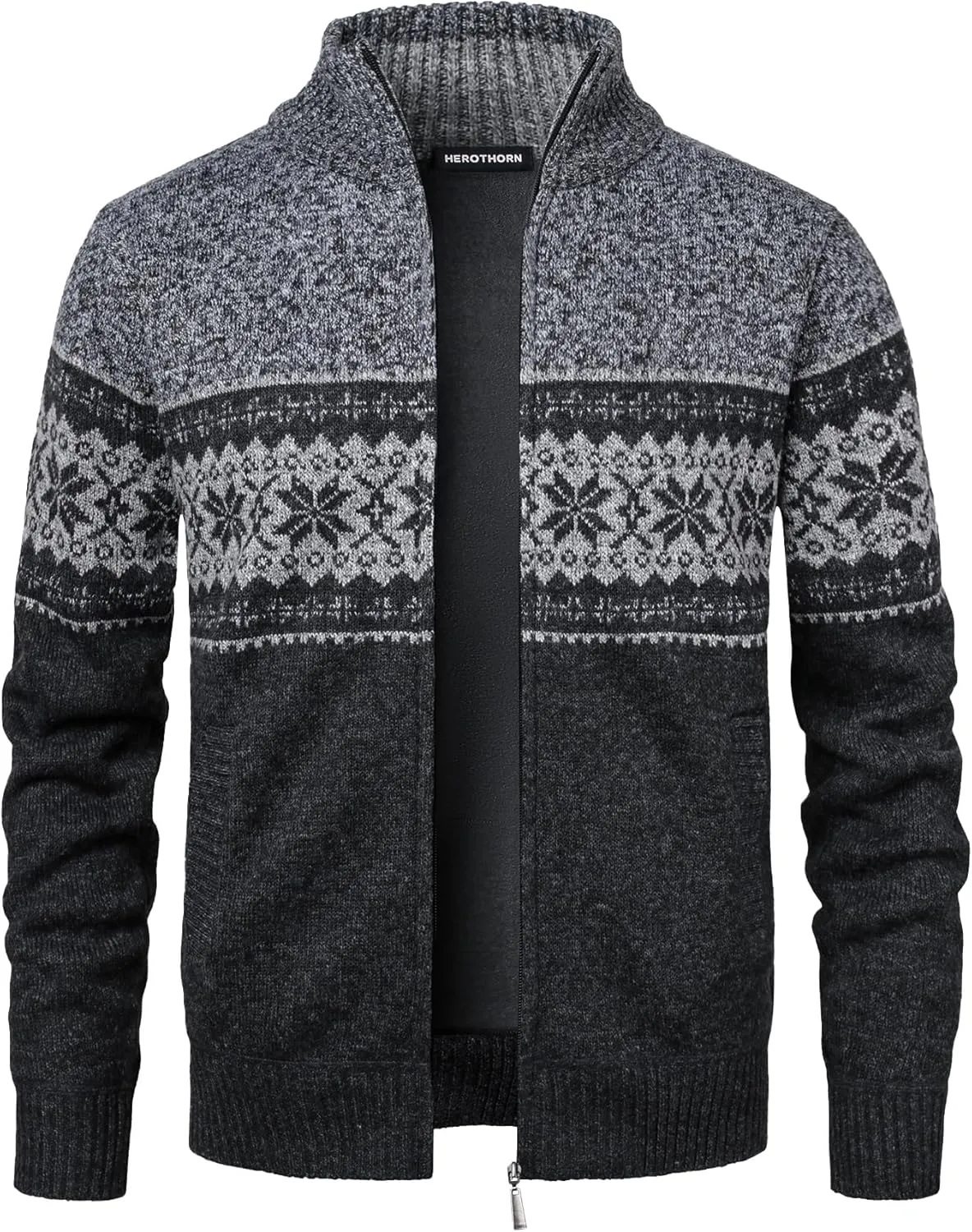 Men's Full Zip Cardigan Snowflakes Pattern Sweater Knitted Cardigan with Pockets for Casual Christmas