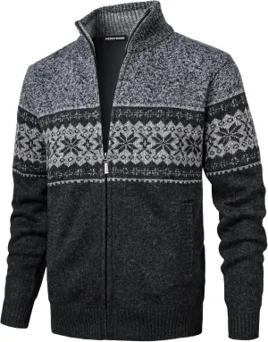 Men's Full Zip Cardigan Snowflakes Pattern Sweater Knitted Cardigan with Pockets for Casual Christmas