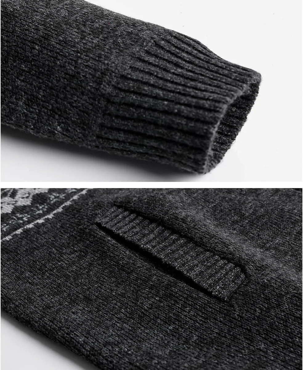 Men's Full Zip Cardigan Snowflakes Pattern Sweater Knitted Cardigan with Pockets for Casual Christmas