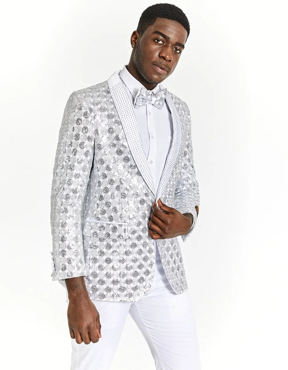 Mens Slim Fit Shiny Silver Sequin Prom Tuxedo Blazer With Rhinestones