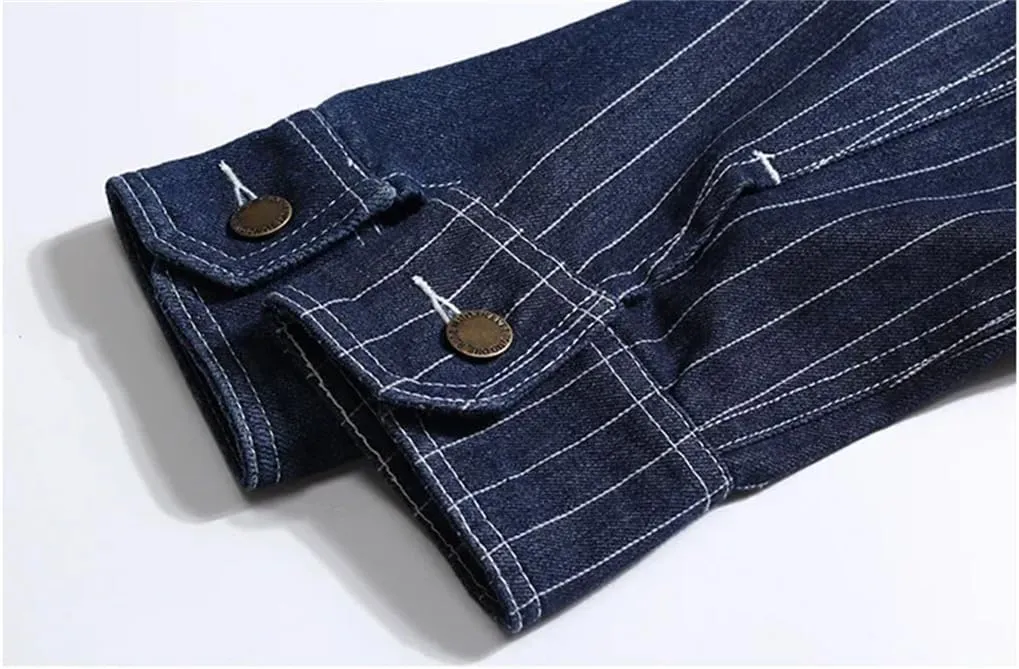 Men's Striped Denim Jacket, Oversized Motorcycle Jacket, Blue Slim Fit Top